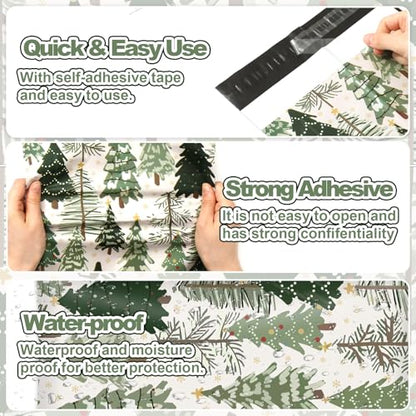 JarThenaAMCS 100Pcs Christmas Poly Mailer 10 x 13 Inch Green Xmas Tree Packaging Bags Forest Woodland Self Seal Mailing Envelope Bags for Winter Small Business Clothing