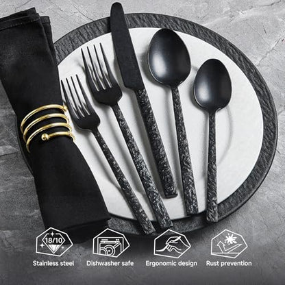 45 Pcs Black Hammered Silverware Set with Serving Utensils for 8 - color: Black, size: 45-Piece