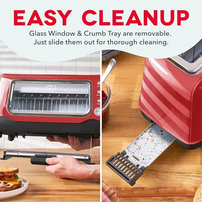 Dash Clear View Toaster | 10" Long Slot 2 Slice Toaster with See-Through Glass Window, 7 Browning Levels, Bagel, Defrost & Reheat Functions, Removable Glass Panel, Crumb Tray, Red - color: Red