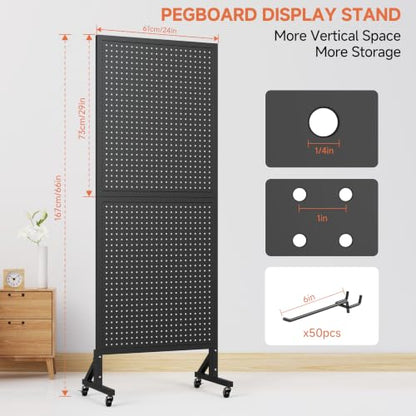 Peg Board Display Stand with Wheels,50 Hooks,2'x 5.5' - Black - color: Black