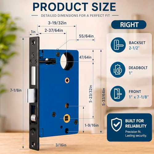 Tandefio 1 Set Double Cylinder Mortise Lock, Right Hand, Black - color: Black, style: Right Hand