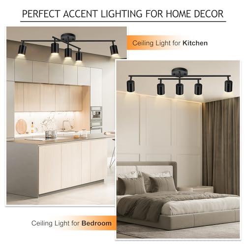 BoostArea 5 Light Track Lighting Kit, Black 5 Way Ceiling Spot Lighting, Center Swivel Track Light Heads, Flexibly Rotatable Light Head for Kitchen, Living Room, Bedroom, GU10 Bulb Not Included - color: Rotatable-5 Light-Black