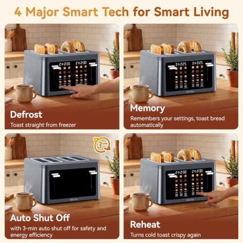 Mecity 4 Slice Touchscreen Toaster, 6 Bread Modes & 6 Browning Levels, Dual Touch Control Wide Slot Stainless Steel Electric Toaster with Memory, Defrost, 3-Min Auto Shutoff for White, Bagels, Waffles - color: 4 Slot-Brushed stainless steel gray