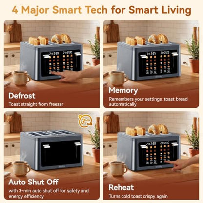 Mecity 4 Slice Touchscreen Toaster, 6 Bread Modes & 6 Browning Levels, Dual Touch Control Wide Slot Stainless Steel Electric Toaster with Memory, Defrost, 3-Min Auto Shutoff for White, Bagels, Waffles - color: 4 Slot-Brushed stainless steel gray