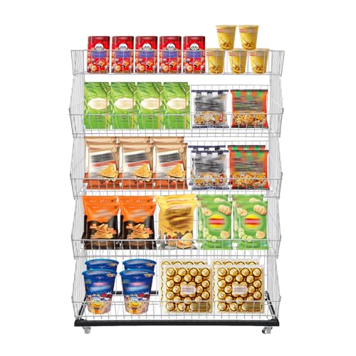 5-Tier Retail Display Rack, Freestanding Snack Display Shelf/Stand, Metal Chip Snack Candy Storage Cart with Wheels & Hooks, Snacks Display Rack for Party, Supermarket, Home Kitchen, White - color: White
