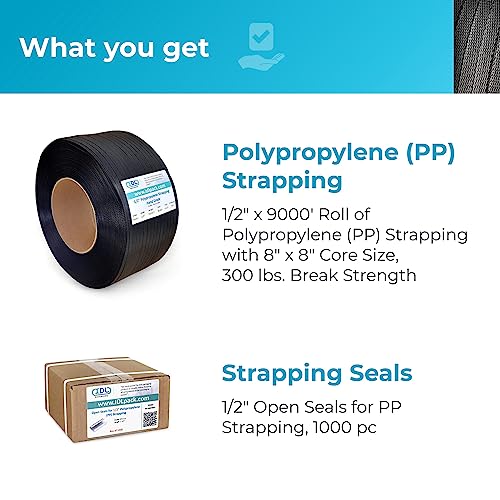 IDL Packaging Refill for 1/2" Polypropylene (PP) Strapping Kits for Packaging Strapping - 1/2" x 9000' Polypropylene Strapping Roll of 8" x 8" Core Size and 1000 of 1/2" Open Seals - size: 8" x 8" Core Coil + 1000 Seals, style: 300 lbs Break Strength