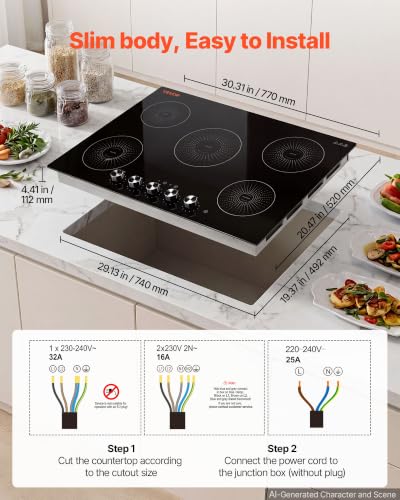 VEVOR 30 Inch Induction Cooktop 5 Burners,Built-in Electric Stove Top,Knob Control, Ceramic Glass Surface,Low-Power Continuous Heating,11 Power Levels, Child Lock,9200W,220V No Plug - size: 30IN -knob control