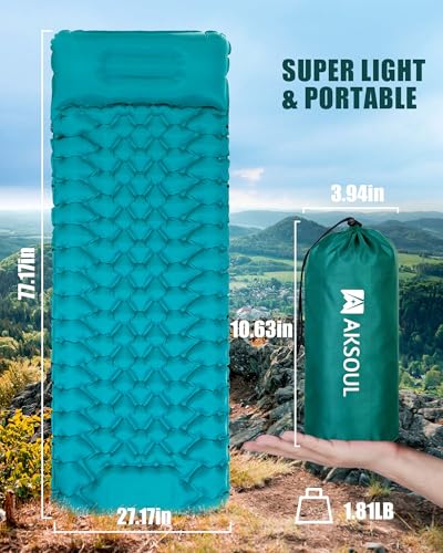 AKSOUL Camping Sleeping Pad with Pillow: Extra Thick 3.9 inch Ultralight Self Inflating Air Mat, Compact Lightweight Insulated Inflatable Sleep Mattress for Backpacking, Camp, Hiking, Tent - color: Classic Peacock Blue