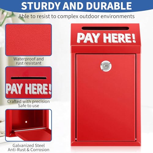 Cash Money Box with Slot – 10.2In Metal Donation Box with Lock for Cash Deposit,Wall Mounted Money Drop with Lock and Slot for Home/Farm/Office/Outdoors(Red) - color: Red