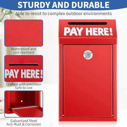 Cash Money Box with Slot – 10.2In Metal Donation Box with Lock for Cash Deposit,Wall Mounted Money Drop with Lock and Slot for Home/Farm/Office/Outdoors(Red) - color: Red