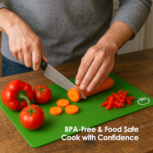 EMMANA - Plastic cutting board for kitchen. Set of 8 – 6 Color-Coded Flexible Plastic Mats with Food Icons + Peeler & Microfiber Towel – BPA-Free, Non-Slip Back, Dishwasher Safe, Durable & Non-Porous