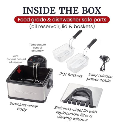 Elite Gourmet 4.5Qt Deep Fryer, Dual 2Qt Split Baskets, 1700W - color: Stainless Steel and Black, size: 2 Baskets