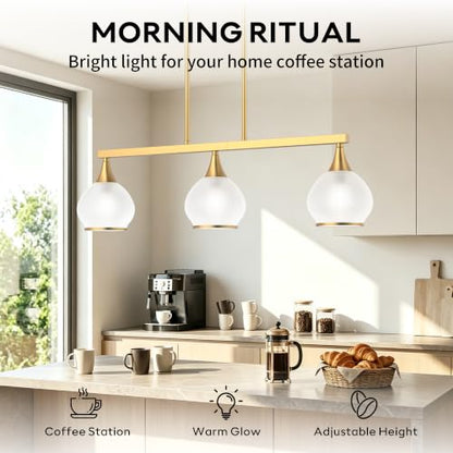 Phaosio Brushed Gold Kitchen Island Linear Pendant Light, 3-Light - color: Gold (White Glass Shades), size: 3-Light