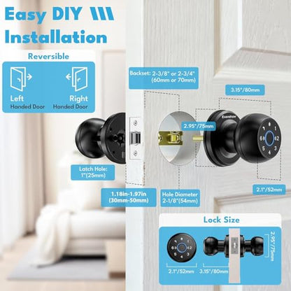 Smart Door Knob Fingerprint Lock 4-in-1 Keyless Entry (Fingerprint/App/Code/Key) Door with Auto-Lock Easy Install for Home/Bedroom/Office (Black 1) - color: Black 1