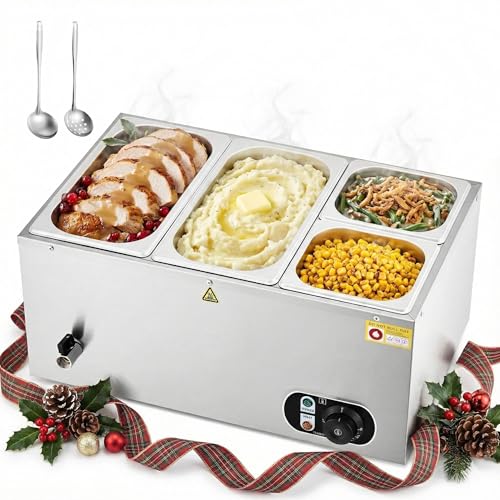 WILPREP Commercial Food Warmer with Two 1/3 & Two 1/6 Pans, 1500W Countertop Electric Warmer, 86-185°F Adjustable Temp Control, Stainless Steel Buffet Bain Marie - size: 1/3pan*2+1/6pan*2