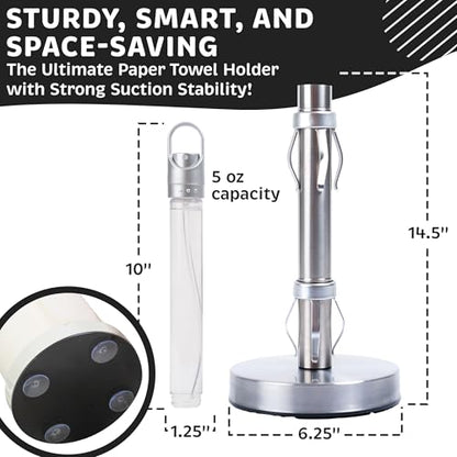 Stainless Steel Paper Towel Holder with Spray Pump – One-Handed Tear, SMART Traction System, 5 oz Sprayer Bottle, Heavy Duty Suction Cups, Weighted Base, Kitchen Towel Dispenser for Countertop Use - color: Silver