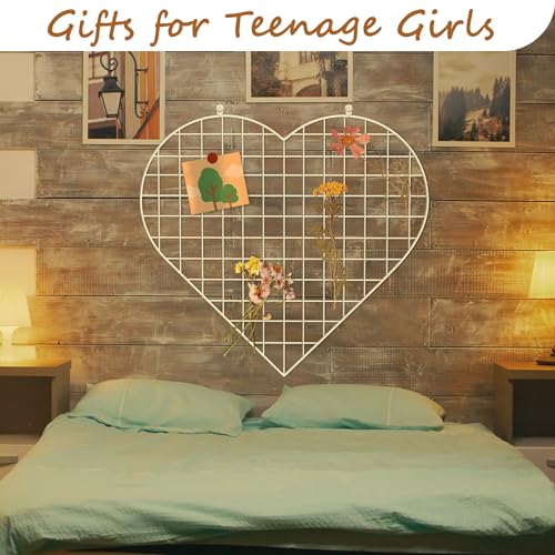 ECLENYES Grid Photo Wall Panels - 22.4"x20.4" Heart Shape Iron Rack Art Wire Board, Wall Grid Organizer, DIY Photo Frame for Home, Office, Kitchen, Bedroom, Christmas Gifts - White - color: White