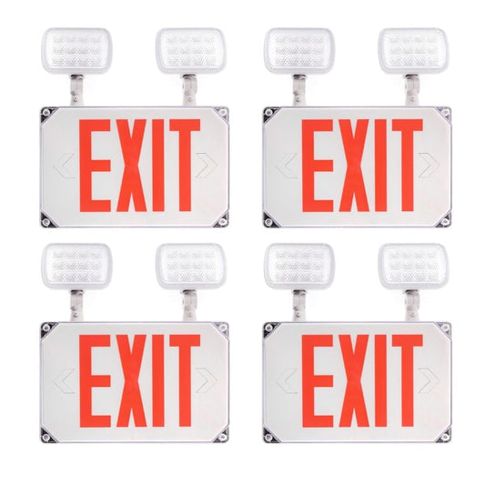 Wet Location Red Exterior Weatherproof Outdoor LED Combo Exit Sign Emergency Light with Battery Backup, Double Face, AC 120V/277V, UL Certified 4 Pack