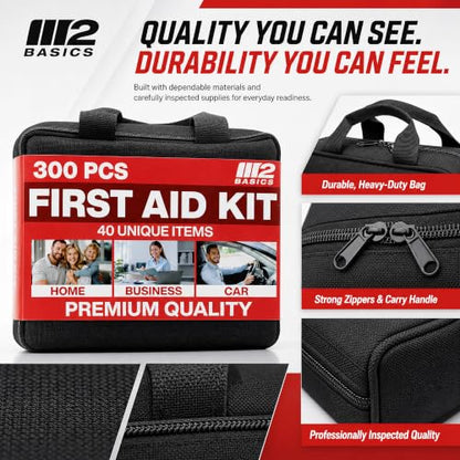 M2 BASICS 300 Piece First Aid Kit w/Durable Bag for Home, Business, Office