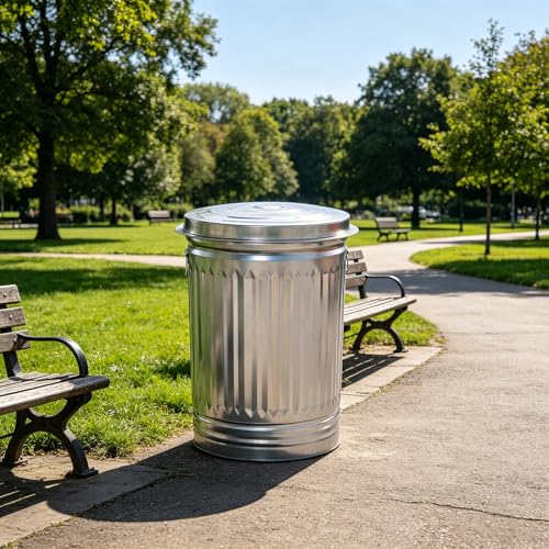 31 Gallon Metal Trash Can with Lid, Galvanized Steel Garbage Bin