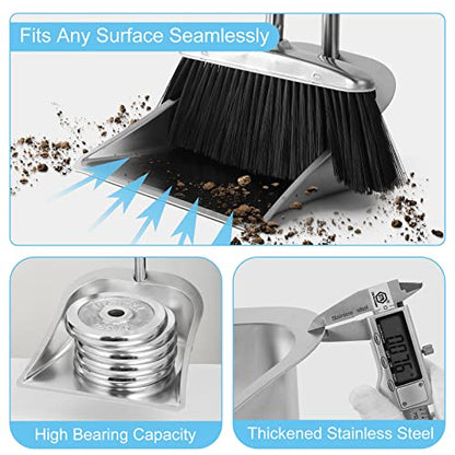 Heavy Duty Broom and Dust pan Set, Stainless Steel Broom and Dustpan Set with Long Handle, Broom with Dustpan Set for Home Standing Dust Pan Indoor Outdoor Brooms Dustpan - color: Black Broom and Dustpan Set