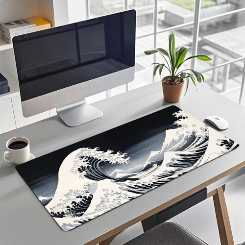 Mouse Pad Desk Mat,XXL Extended Gaming Mouse Pad Desk Pad,35.7x15.7in Large Mousepad Thicken to 3mm Non-Slip Rubber Base Mousepad with Stitched Edges,Japanese Sea Wave Desks Mat for Keyboard Mouses - color: raging waves