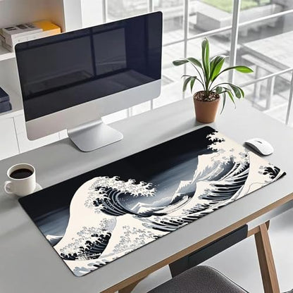 Mouse Pad Desk Mat,XXL Extended Gaming Mouse Pad Desk Pad,35.7x15.7in Large Mousepad Thicken to 3mm Non-Slip Rubber Base Mousepad with Stitched Edges,Japanese Sea Wave Desks Mat for Keyboard Mouses - color: raging waves
