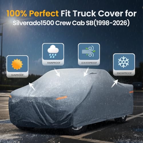Chevrolet Silverado 1500 Truck Cover Custom Fit 1998-2026 Crew Cab Short Bed(5.7'-5.8') With Door Zipper, 10 Layer Pickup Truck Cover Waterproof All Weather, Car Tarp for Wind Dust Sun etc Protection. - size: Custom fit Chevrolet Silverado 1500 Crew Cab S