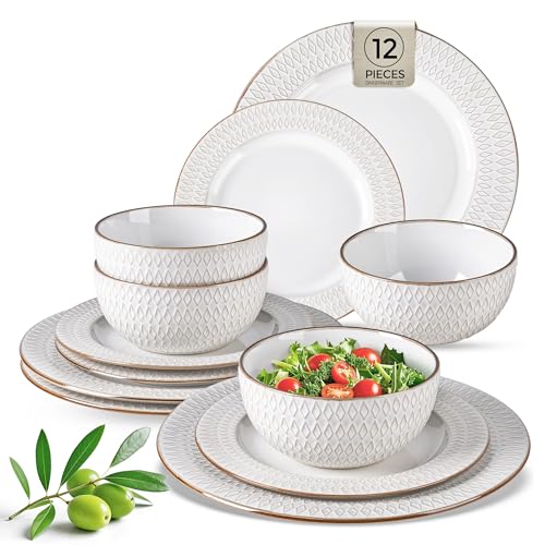 GBHOME Ceramic Dinnerware Sets of 4,12 pcs Plates and Bowls Sets Dishes - color: Pearl White-Diamond, size: Service for 4 (12 pcs)