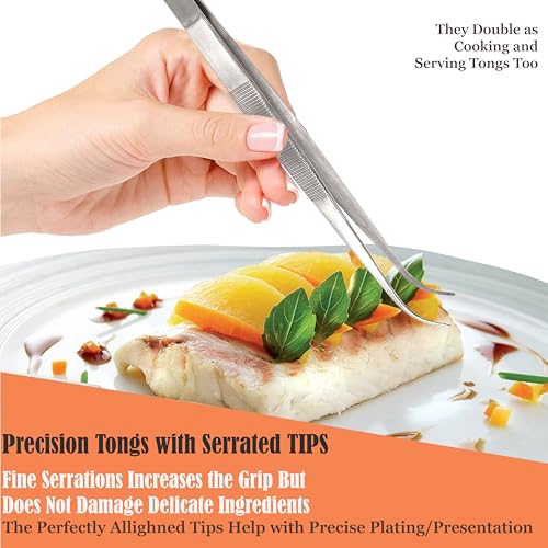 Professional Culinary Stainless Steel Precision Tongs With Serrated Tips - Plating/Food Presentation Detailing Serving - Chef's Kitchen Tweezer - Ultra Non-Slip Grip (8" Curved Slim) - size: 8" Curved Slim