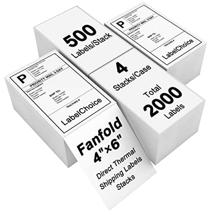 2000 Labels 4 x 6 3-Proof Commercial Grade Fanfold Direct Thermal Labels Compatible with Zebra, Rollo, Munbyn, 4 Stacks White Perforated Permanent Strong Adhesive Mailing Shipping Labels - color: 4"x6"-2000 Labels