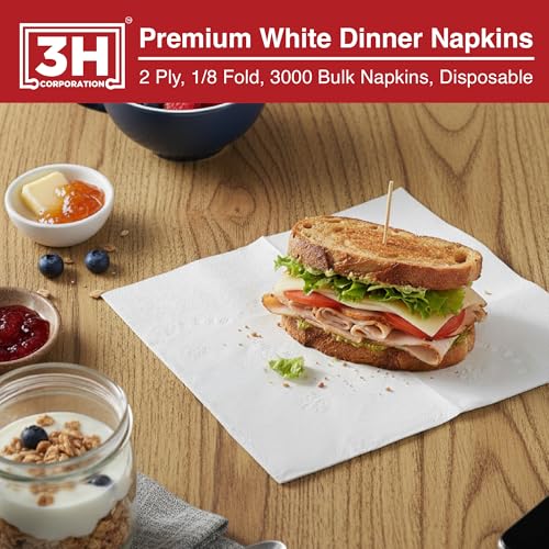 1/8 Fold White Dinner Napkins Disposable, 2-Ply 3000 Paper Napkins Bulk (20 Pack, 150/Pack), 7.1" x 4.1" Folded, Premium Servilletas for Restaurant, Catering & Everyday Lunch Refill - size: 3000 Ct 1/8-Fold