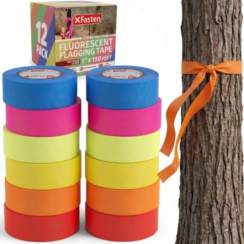 XFasten Fluorescent Flagging Tape Assorted Colors 12-Pack Colorfast Survey Tape (Orange Green Blue Red Pink Yellow) Non-Adhesive Tree Marking Ribbon Tape 1” x 150-Feet (1,800 Feet Total) - color: Assorted Colors, size: 12-Pack (1,800 Feet Total)