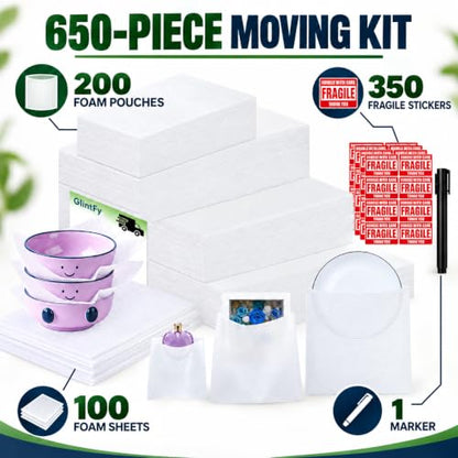 650Pcs Dish Packing Supplies for Moving,300 Foam Pouches & Sheets 4 Sizes (16x12",12x12",12x7.8",7.8x7.8") with 350 Fragile Stickers & Marker Pen for Moving, Packaging, Storage