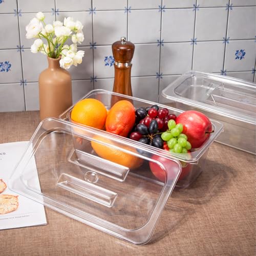 6 Pack 1/3 Size 4" Deep Polycarbonate Food Pans Plastic Clear Food Pans with Lids Stackable Transparent Foo d Storage Containers for Kitchen Restaurant Foo d Prep, Freezer-Safe