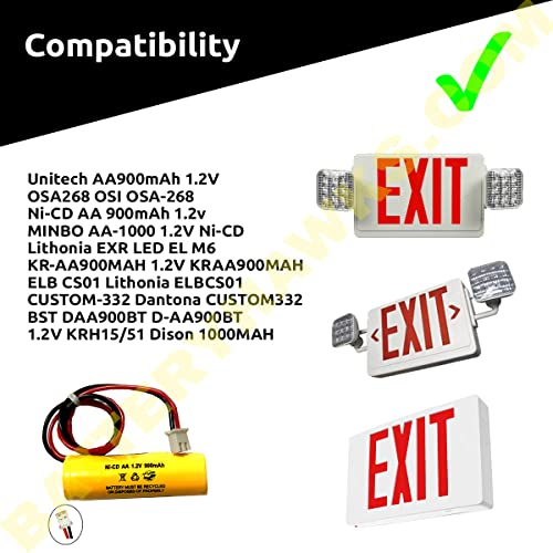 (2 Pack) AA900mAh 1.2V Unitech BST DAA900BT AA Ni-CD 900mAh MINBO AA-1000 Exit Sign Emergency Light KR-AA900MAH Batteryhawk LLC Fire Exit Battery - color: 129BHJC2P