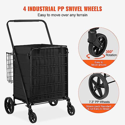 VEVOR Folding Shopping Cart with Removable Waterproof Liner, 330LBS Large Capacity Jumbo Grocery Cart with Dual Basket, 360° Swivel Wheels, Dense Metal Mesh Base, Heavy Duty Utility Cart for Shopping - size: Jumbo