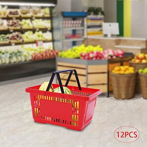 Shopping Basket, 12 Pcs Plastic Shopping Baskets with Handles 17*12*9 Inches Store Baskets Retail Baskets , Durable PP Material with Handle and Stand Used for Supermarket, Retail, Bookstore (Red) - color: Red