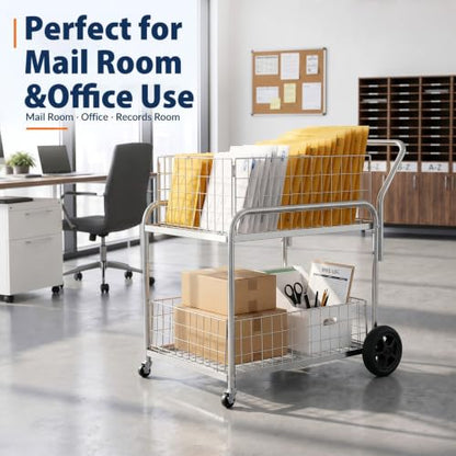 BreezeHug Mail Cart with Wheels for Office, 2 Shelf Basket Wire Cart