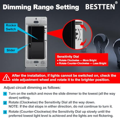 3PK BESTTEN Slide Dimmer Light Switch, Single Pole or 3 Way Dimmable Switch - color: Black