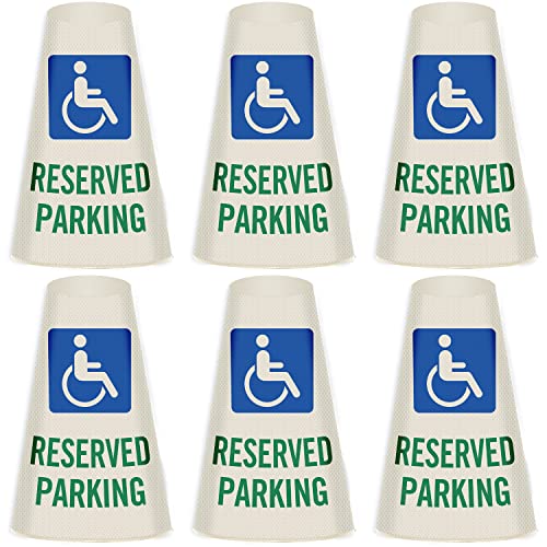 SmartSign 6-Pack Reflective Parking Cone Signs with ADA Wheelchair Symbol, 360 Visibility, Non-Adhesive Vinyl, 3-Side Print - color: Reserved Parking with Handicapped Symbol, size: Pack of 6