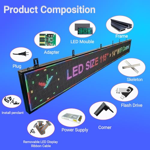 P10 Outdoor Programmable LED Sign 115"x14", WiFi+USB Control Scrolling LED Open Sign,High Brightness Waterproof Electronic Custom Text Message Board for Business Advertising Store Restaurants - size: P10 115''×14"×2'' Outdoor& Indoor