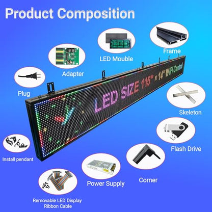 P10 Outdoor Programmable LED Sign 115"x14", WiFi+USB Control Scrolling LED Open Sign,High Brightness Waterproof Electronic Custom Text Message Board for Business Advertising Store Restaurants - size: P10 115''×14"×2'' Outdoor& Indoor