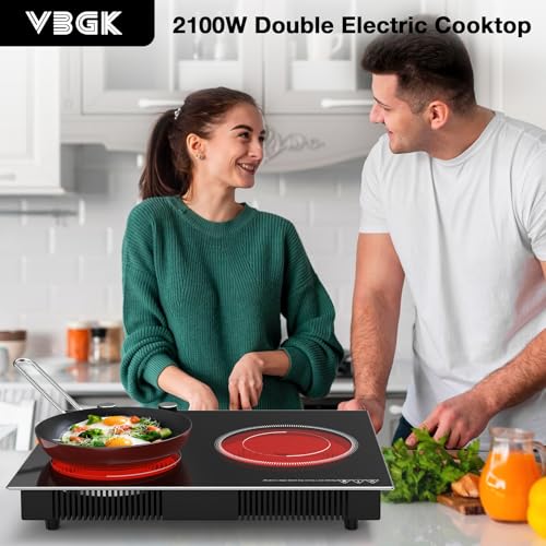 VBGK Electric Cooktop,2100W Built-in & Countertop 2 Burner Electric Cooktop,Electric Stove Top with10 Heating Level, Timer & Kid Safety Lock, LED Knob Touch Control Electric Burner with Plug - size: Double Burner Electric Cooktop