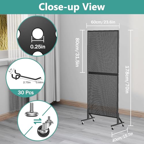 Peg Board Display Stand with Extra 32 Hooks 24" X70” Pegboard - color: Standing & Black