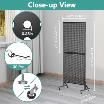 Peg Board Display Stand with Extra 32 Hooks 24" X70” Pegboard - color: Standing & Black