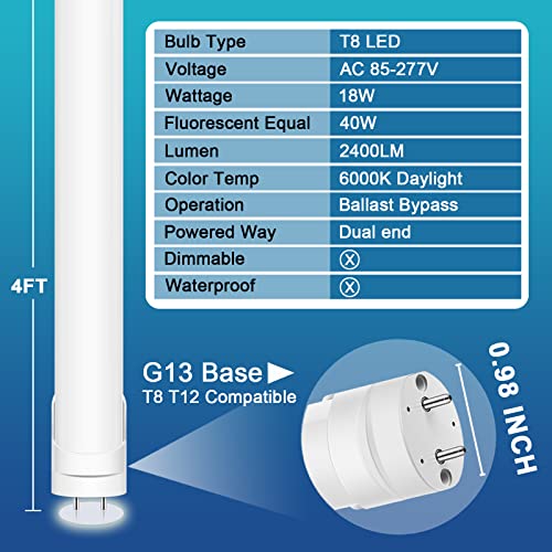 24 Pack T8 LED Bulbs 4 Foot, 18W 2400LM, 6000K, Ballast Bypass