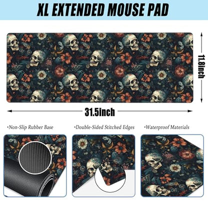 Desk Mat,Skulls with Flowers Large Gaming Mouse Pad XL,Skull Floral Desk Pad,Extended Big Computer Keyboard Mousepad with Non-Slip Base and Stitched Edges 31.5"x11.8" - color: Skulls With Flowers, size: 11.8" x 31.5"