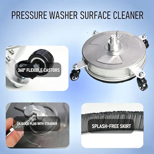 Hourleey 14" Pressure Washer Surface Cleaner, Stainless Steel Surface Cleaner with 4 Wheels for Concrete, Patio, Sidewalk, Deck, Pathway 1/4" Quick Connector, 2 Extension Wand, 4000 PSI - size: 14 Inch