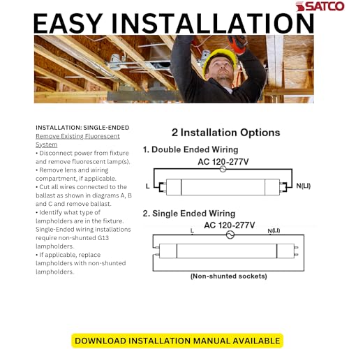 Satco S11914 18.5 Watt, T8 LED; 3000K; Medium Bi Pin Base; 50000 Average Rated Hours; 120-277 Volts; Type B; Ballast Bypass; Double Ended Wiring, 25-Bulbs